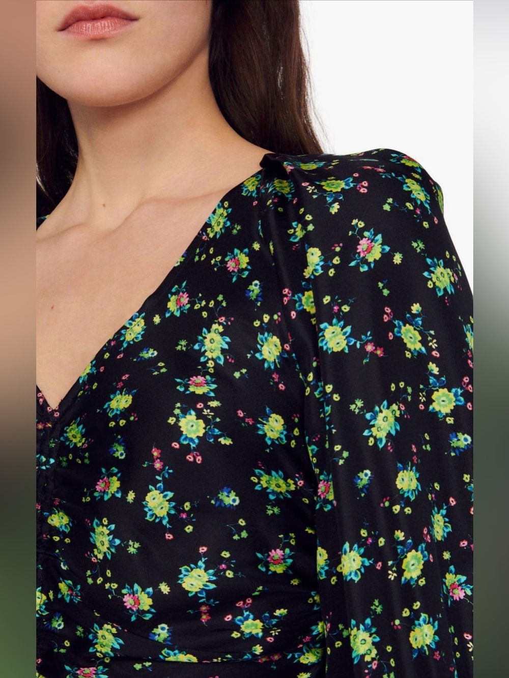 Sandro Novalee Floral Ruched Mini Dress Noir Black V-Neck Ruffle NWT US 4 $415 - Picture 3 of 12
